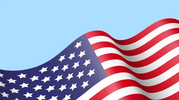 Vector illustration of Waving flag of United States of America on blue background . 3D vector illustration .