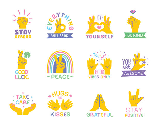 stockillustraties, clipart, cartoons en iconen met positieve aanhalingstekens met handemoji's - love hand sign