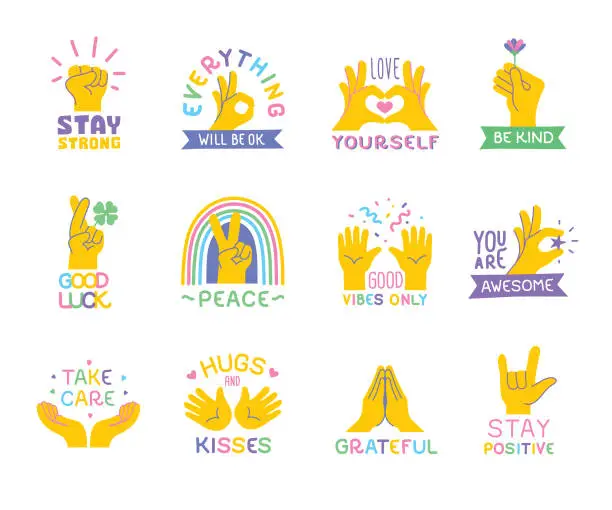 Vector illustration of Positive quotes with hand emojis