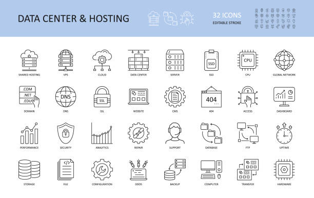 ilustraciones, imágenes clip art, dibujos animados e iconos de stock de centro de datos vectorial e iconos de alojamiento. trazo editable. servidor de alojamiento compartido vps ssd ssl dns cpu. panel de la nube de red global de la base de datos ftp. 404 reparación de análisis de seguridad de rendimiento de tiempo de activid - connection support service computer