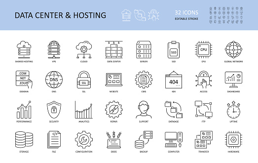 Vector data center and hosting icons. Editable Stroke. Server shared hosting domain VPS SSD SSL DNS CPU. FTP database global network cloud dashboard. 404 uptime performance security analytics repair