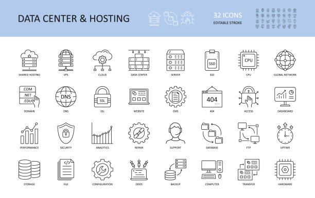 Vector data center and hosting icons. Editable Stroke. Server shared hosting domain VPS SSD SSL DNS CPU. FTP database global network cloud dashboard. 404 uptime performance security analytics repair. Vector data center and hosting icons. Editable Stroke. Server shared hosting domain VPS SSD SSL DNS CPU. FTP database global network cloud dashboard. 404 uptime performance security analytics repair backup stock illustrations