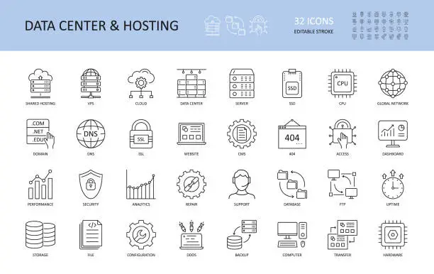Vector illustration of Vector data center and hosting icons. Editable Stroke. Server shared hosting domain VPS SSD SSL DNS CPU. FTP database global network cloud dashboard. 404 uptime performance security analytics repair.