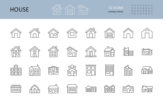 Vector house icons. Editable Stroke. The buildings are one and two-story, with a garage, a chimney. Door windows.