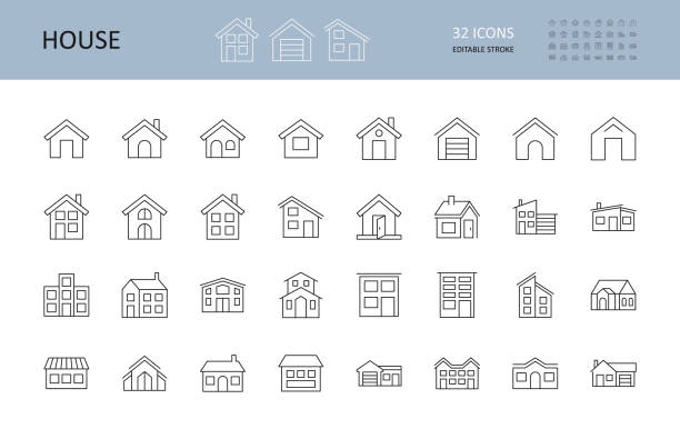 Vector house icons. Editable Stroke. The buildings are one and two-story, with a garage, a chimney. Door windows Vector house icons. Editable Stroke. The buildings are one and two-story, with a garage, a chimney. Door windows. house stock illustrations