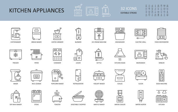 stockillustraties, clipart, cartoons en iconen met vector keukenapparatuur pictogrammen. bewerkbare lijn. apparaten voor het koken van voedsel, koffie drinkt yoghurt brood. blender mixer magnetron fruit dehydrator. de vrieswaterboilerkachels van de koelkast - waterkoeler