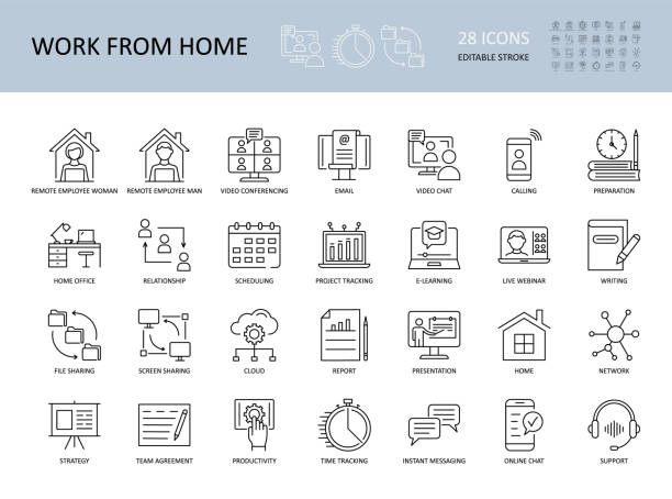 векторные значки работают из дома. редактируемый ход. удаленные сотрудники женщины и мужчины на рабочем месте. видеоконференция электронн� - home screen illustrations stock illustrations