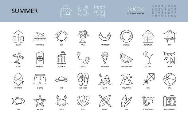 Vector summer vacation icons. Editable Stroke. Recreation and entertainment in summer beach sun swimming diving surfing. Palm bungalow bar cocktail ice cream watermelon. Fish clams mountains camping Vector summer vacation icons. Editable Stroke. Recreation and entertainment in summer beach sun swimming diving surfing. Palm bungalow bar cocktail ice cream watermelon. Fish clams mountains camping. beach bar stock illustrations