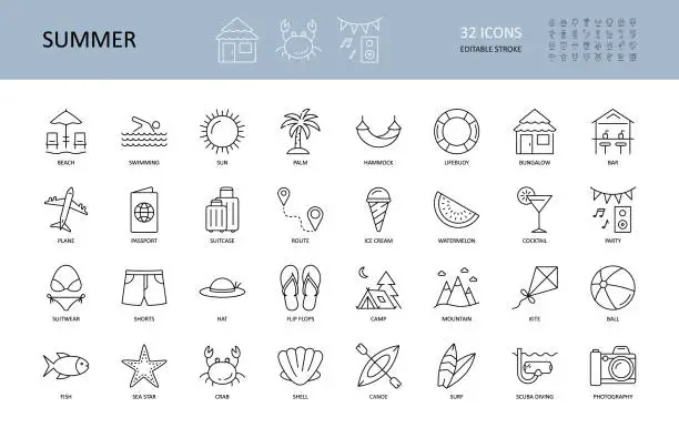 Vector illustration of Vector summer vacation icons. Editable Stroke. Recreation and entertainment in summer beach sun swimming diving surfing. Palm bungalow bar cocktail ice cream watermelon. Fish clams mountains camping