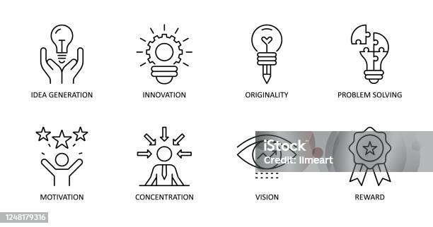 Vektorkreativitätsymbole Bearbeitbarer Strich Ideengenerierung Konzentration Problemlösung Motivation Belohnung Vision Originalität Innovation Stock Vektor Art und mehr Bilder von Icon