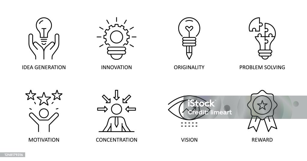 Vector creativity icons. Editable Stroke. Idea generation, concentration, problem solving, motivation, reward, vision, originality, innovation. - Royalty-free Símbolo de ícone arte vetorial Vector creativity icons. Editable Stroke. Idea generation, concentration, problem solving, motivation, reward, vision, originality, innovation. - Royalty-free Símbolo de ícone arte vetorial