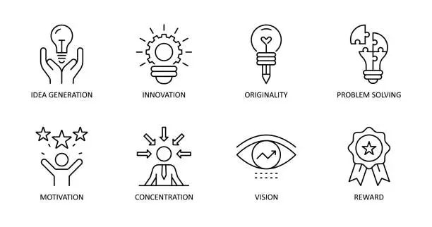 Vector illustration of Vector creativity icons. Editable Stroke. Idea generation, concentration, problem solving, motivation, reward, vision, originality, innovation.