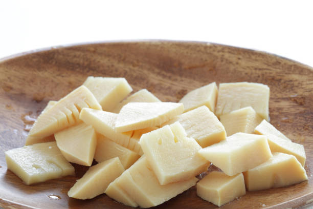 istock Boiled bamboo shoots on wooden plate with copy space 1248180458