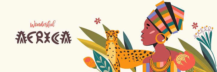Wonderful Africa. Portrait of a beautiful African woman in a colorful turban in profile. Exotic flowers and a Cheetah among tropical leaves. Vector illustration, banner.
