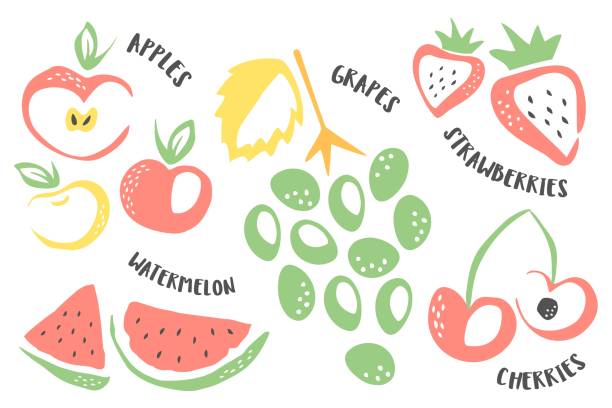 виноград, яблоки, клубника, вишня и арбузная рука, окрашенная чернильной щеткой - apple cartoon illustration and painting cute stock illustrations
