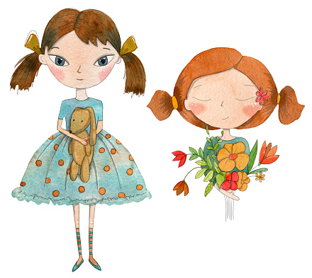 Set of two summer and spring girls with flowers and rabbit. Hand drawn watercolor illustration.