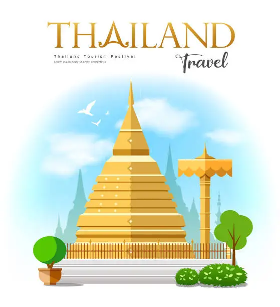 Vector illustration of Golden pagoda, Wat Phra That Doi Suthep, North Thailand travel design on cloud and sky background