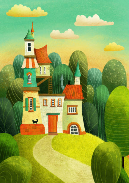 magiczny szalony dom lub zamek na wzgórzu w lesie z drzewami, kotami, chmurami i drogą. - castle fairy tale palace forest stock illustrations