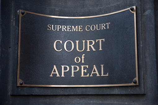 Close up of the Court of Appeal sign outside the Supreme Court Building in Melbourne, Australia