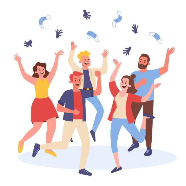 Vector illustration of Five people celebrating the end of quarantine