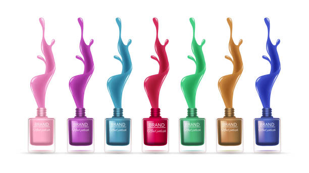 ilustrações, clipart, desenhos animados e ícones de esmaltes realistas. respingos coloridos, gotas líquidas. ilustração isolada do vetor do equipamento de manicure - nail polish isolated cosmetics bottle