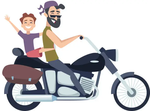 Vector illustration of Biker on motorcycle. Father rolls son on scooter. Happy cartoon fathers weekend vector illustration