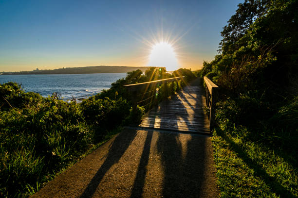 Long shadows cast by sun shining through wooden bridge near headland overlooking ocean
