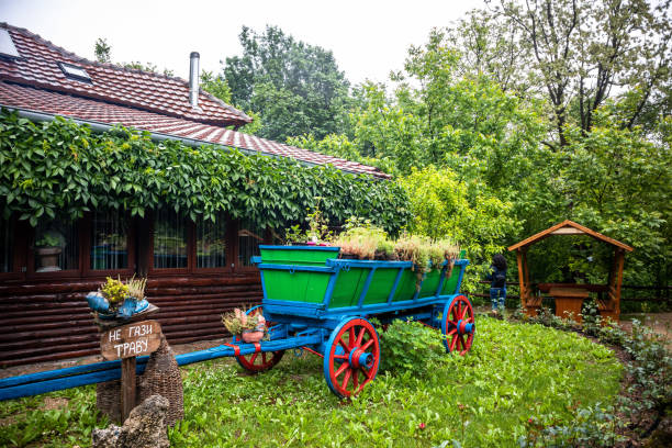 Lisine, Serbia - may 24 2020: Restaurant by the river and near the waterfall Veliki Buk in Lisine in Serbia. Popular tourist place in Serbia, cloudy spring day.