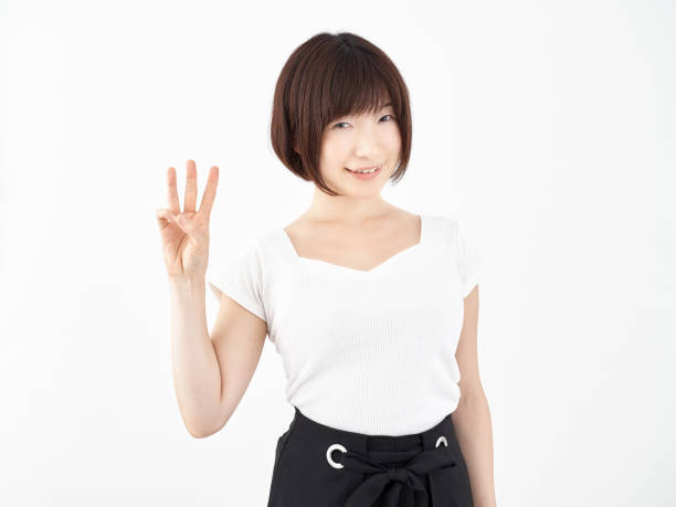 istock Woman doing 3 poses with fingers on a white background 1248189081