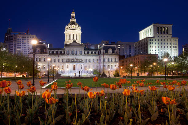 Baltimore City Hall  and War Memorial Plaza at dawn, Baltimore