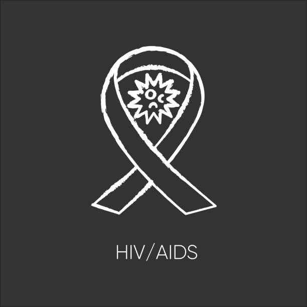 hiv, aids kreda biała ikona na czarnym tle. ludzki wirus niedoboru odporności, zespół nabytego niedoboru odporności. świadomość wstążki i komórki wirusowej izolowane wektor tablicy ilustracji - immunodeficiency stock illustrations
