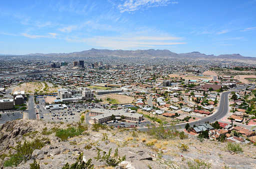 View over El Paso, TX in the United States and its sister city Ciudad Juarez in Mexico.