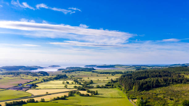 vista aérea de terras agrícolas e floresta dumfries e galloway no sudoeste da escócia - galloway - fotografias e filmes do acervo