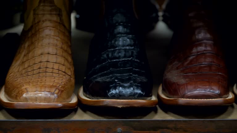 Stylish cowboys boots on a shelf in a store