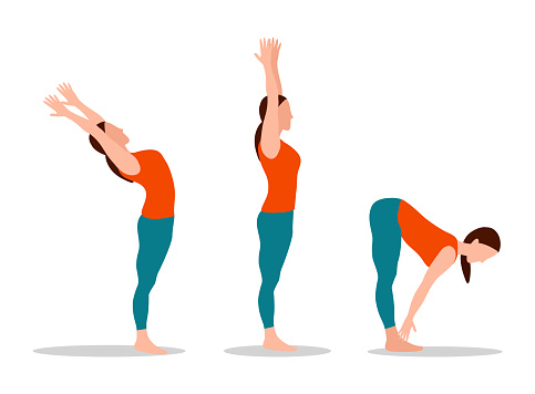 Woman does yoga set, mountain with raised hands, physical activities and sport, position touching toes cartoon vector illustration isolated on white.