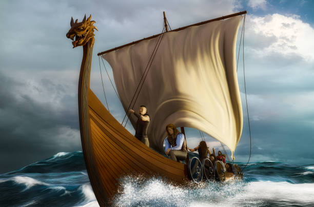 Viking ship in the storm Viking ship in the storm. Drakkar in the open wavy ocean under the rough dark sky. viking ship photos stock pictures, royalty-free photos & images