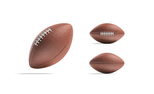 Blank brown american soccer ball mock up, different views, 3d rendering. Empty sport oval for national competitive mockup, isolated. Clear football game touchdown mokcup template.