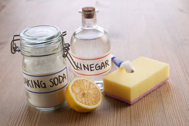 baking soda lemon vinegar jar of baking soda vinegar and lemon carbonate mineral stock pictures, royalty-free photos & images