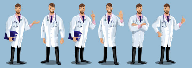Cartoon doctor set Set of funny cartoon character of doctor. Various action poses of medical worker. Vector illustration isolated on the background of the front view healthcare employee. hospital humor cartoon stock illustrations