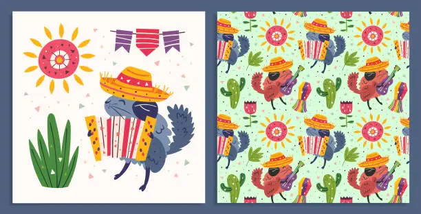 Vector illustration of Mexico holiday. Little cute chinchillas in sombrero with guitar, accordion. Cactus, pinata, sun and flower. Mexican party. Latin America. Flat colourful vector seamless pattern, texture. Card making.