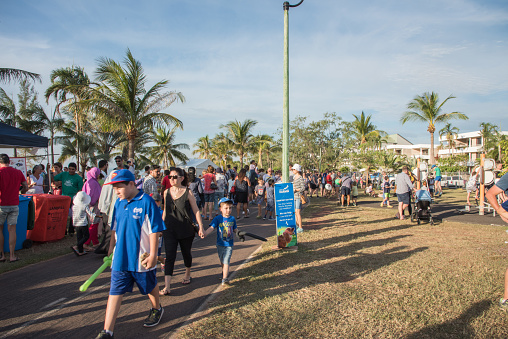 Darwin, NT, Australia-May 12,2018: Crowds and market booths on the foreshore in Nightcliff in the NT of Australia