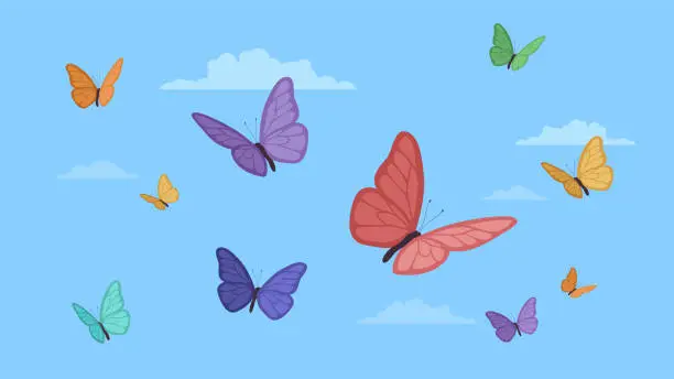 Vector illustration of Butterflies on a blue background with clouds