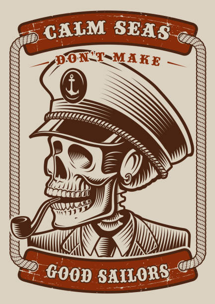 Colour vintage poster of the marine theme with skull capitane on white background