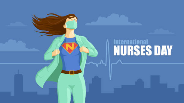 International Nurses Day. Superhero Nurse. Detailed flat vector illustration of a nurse revealing her superhero emblem underneath her coat. International Nurses Day. hospital building at night stock illustrations