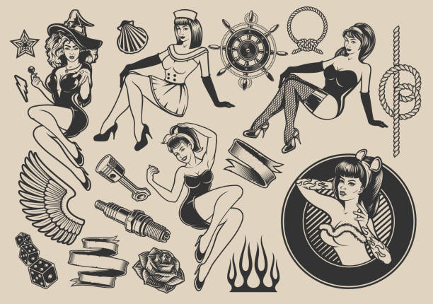 illustrazioni stock, clip art, cartoni animati e icone di tendenza di set di illustrazioni vettoriali con ragazze con elementi per il design - pin up