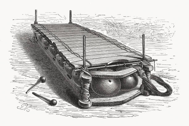 Balafon, West African xylophone, wood engraving, published in 1891 Balafon - a large xylophone having hollow gourds as resonators, used in West African music. Wood engraving, published in 1891. marimba stock illustrations