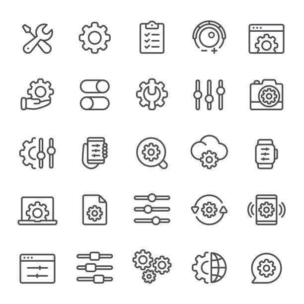 Settings Icons Settings, adjusting, gear, maintenance, icon, icon set, setup, data, options, knob knob stock illustrations