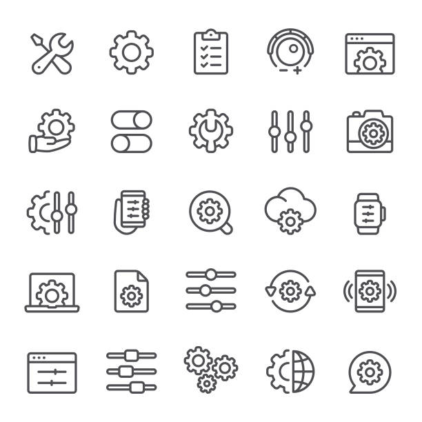 Settings Icons Settings, adjusting, gear, maintenance, icon, icon set, setup, data, options, knob arranging stock illustrations