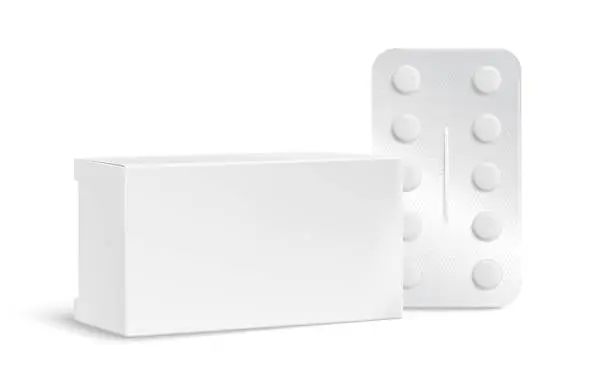 Vector illustration of Blank carton white Package Box for Blister of Pills isolated on background.