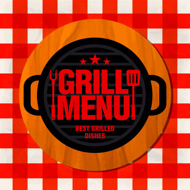 illustrazioni stock, clip art, cartoni animati e icone di tendenza di menu griglia. i migliori piatti alla griglia. griglia su un supporto di legno su una tovaglia rossa - haunch